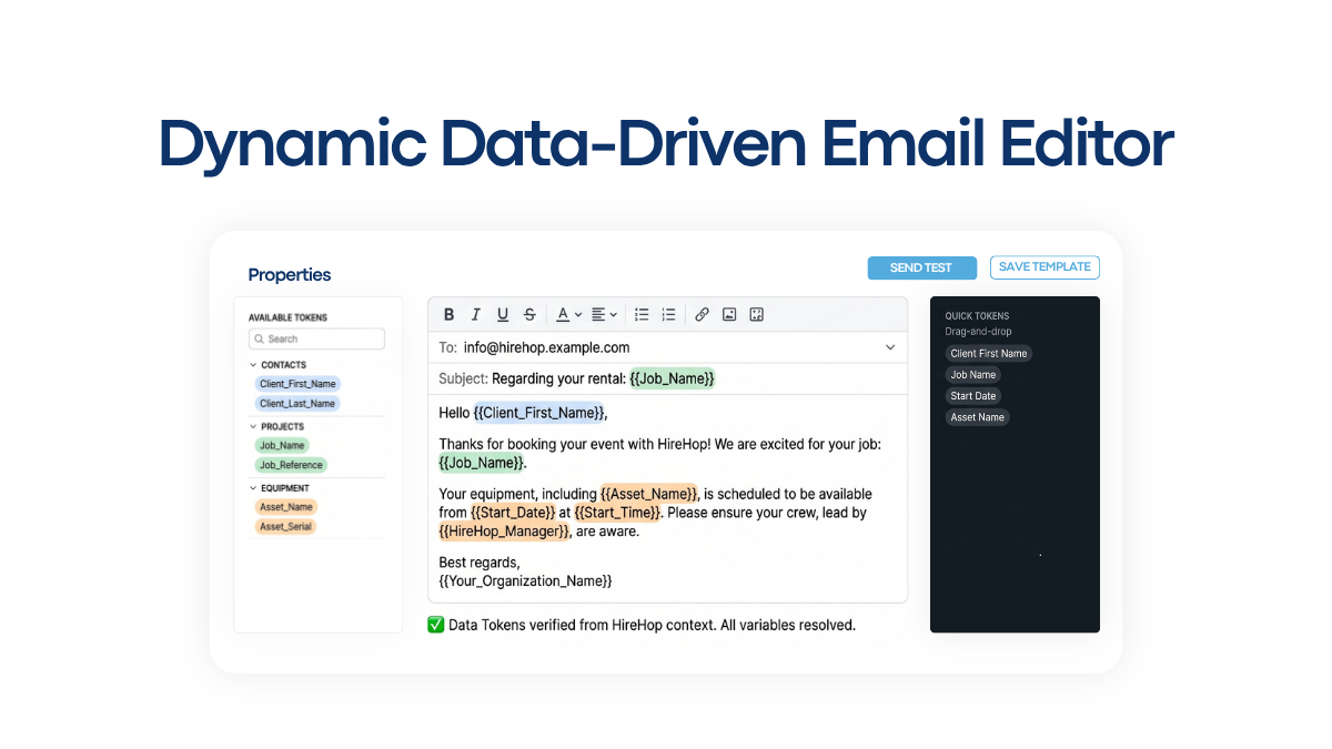 HireHop Dynamic Data Driven Email Editor Interface