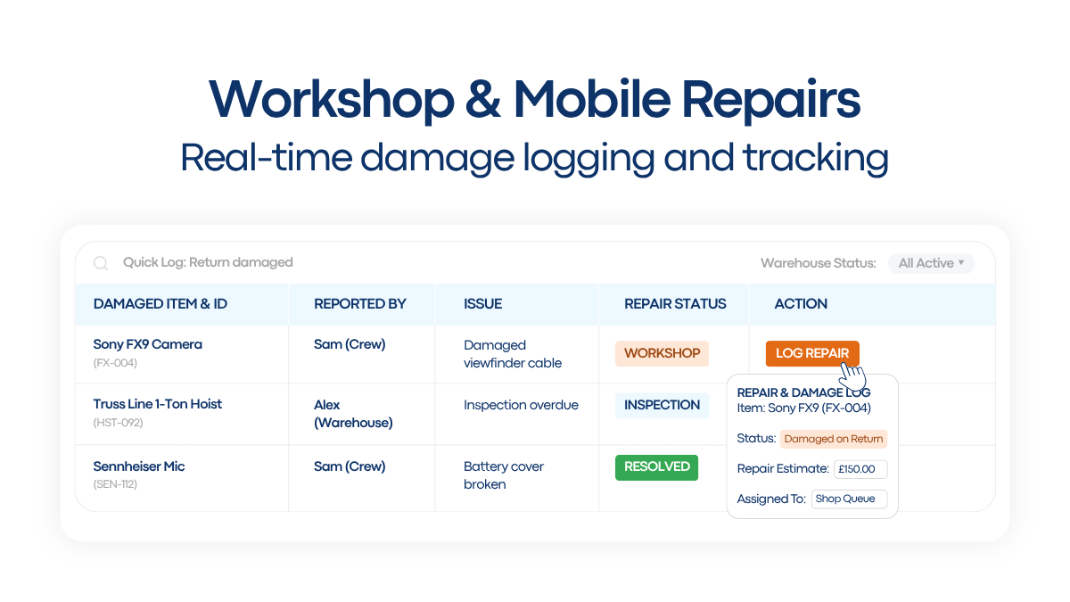 HireHop Workshop and Mobile Repairs Damage Logging Queue